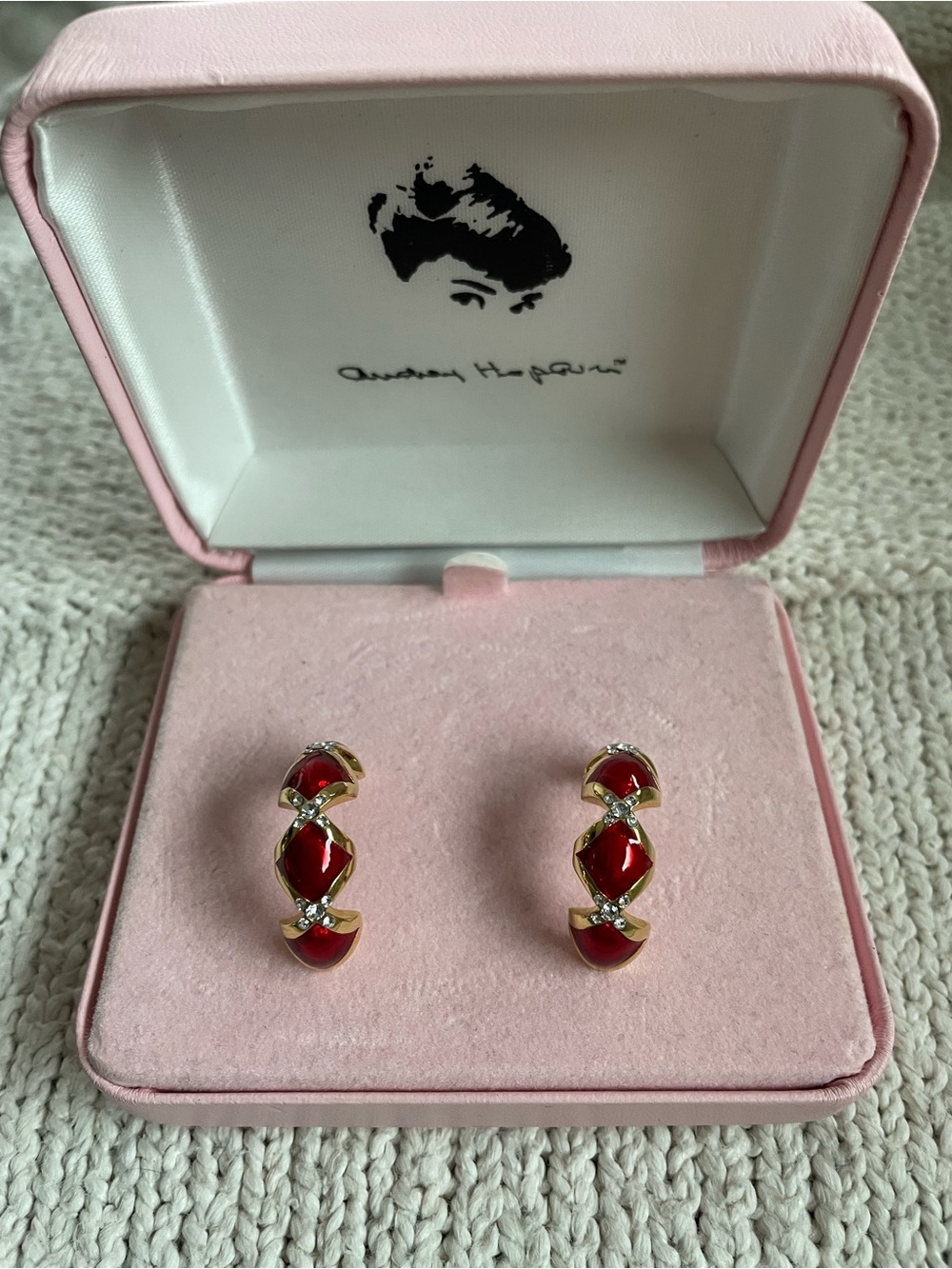 Audrey Hepburn Collection Camrose Kross Red Enamel and Crystal 1/2 Hoop Earrings